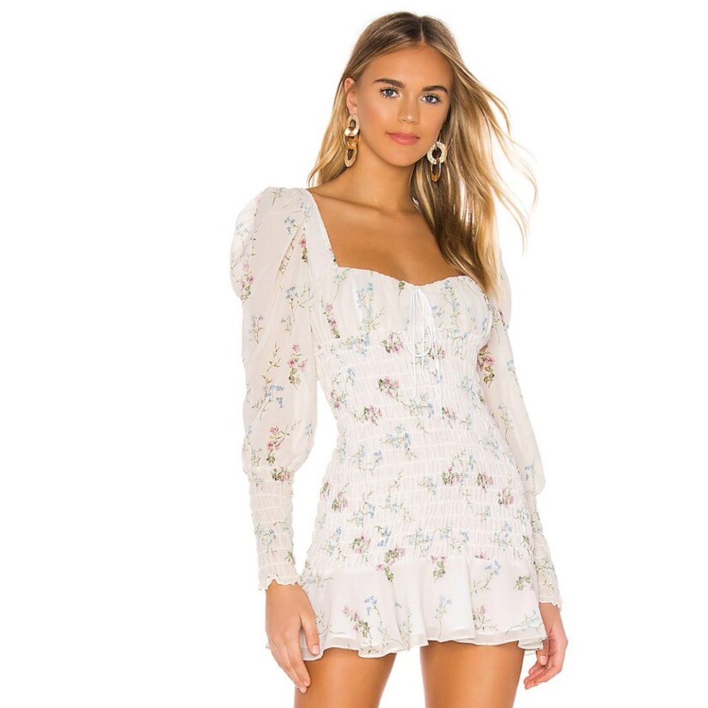 For Love & Lemons Dixon Floral Printed Ruffle Minidress Size Small Ivory Floral